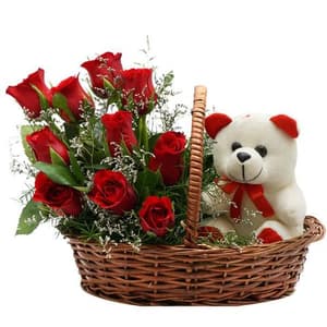 15 Red Roses Basket and One 6 inch Teddy